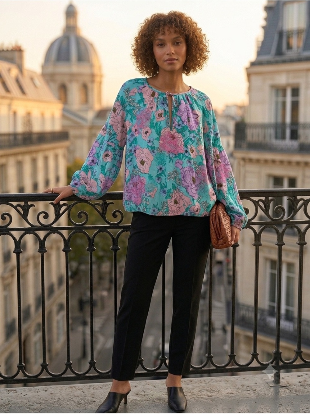 Boston Proper Turquoise Floral Peasant Blouse